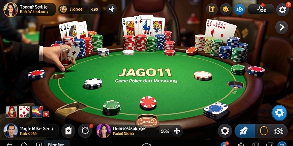 Screenshot menunjukkan gameplay JAGO11 dengan interaksi pemain saat bermain Poker.