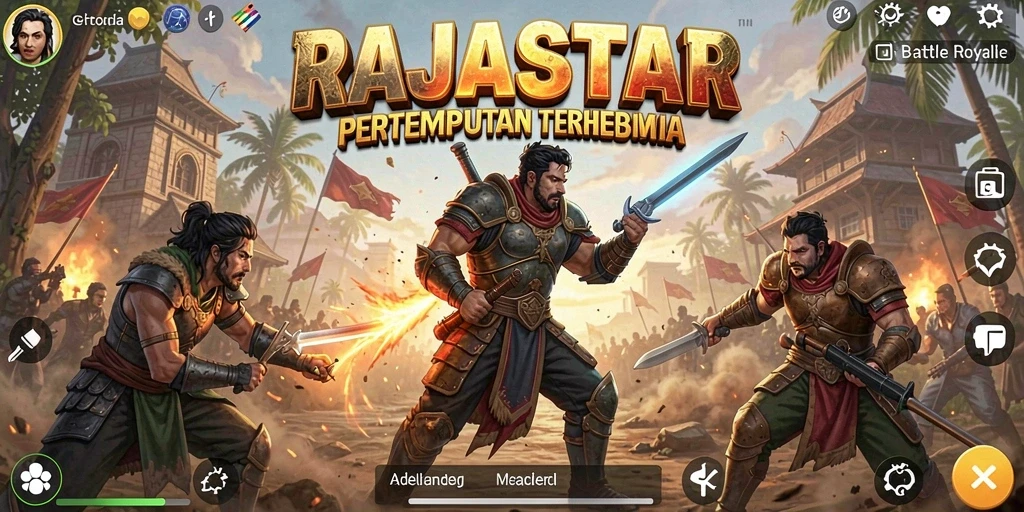 Menampilkan aksi seru dalam permainan Battle Royale RAJASTAR.